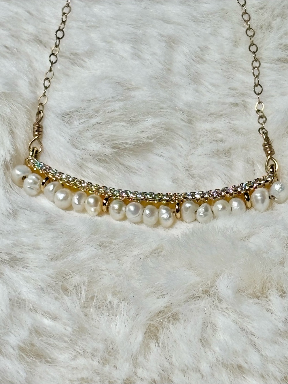 14K Gold over Sterling Silver Pearl Fringe Bar Necklace - Picture 8 of 9
